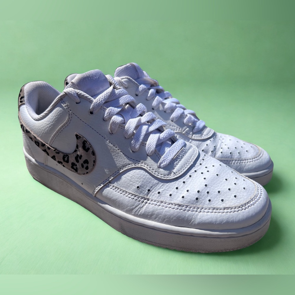 Nike White Desert Sand Court Vision Low Leopard Swoosh Sneakers